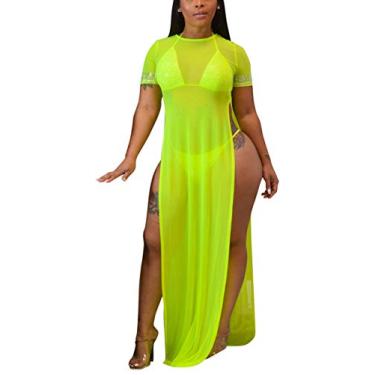 Imagem de Saída de praia sexy feminina casual transparente de malha de crochê vestido de verão, Amarelo Fluo, GG