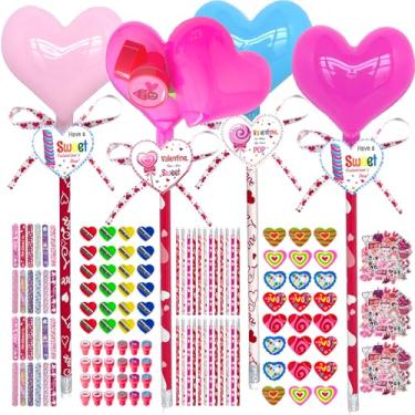 Imagem de Pacote com 24 presentes para devolução de pirulito gigante dos namorados, coração, pirulito, presentes com lápis, adesivos, borrachas, cartões, carimbos para dia dos namorados, escola, sala de aula