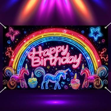 Imagem de BlissYard Banner neon feliz aniversário brilhante decoração festa fundo 71 x 43 polegadas arco-íris unicórnio cupcake estrela design para crianças aniversário cabine foto pano de fundo suprimentos