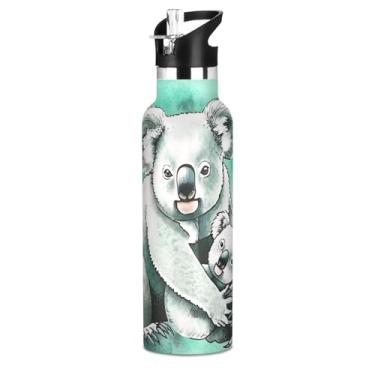 Imagem de Garrafa de água escolar de aço inoxidável para adolescentes, arte de urso coala aquarela, 590 ml, parede dupla, à prova de vazamento, garrafa de água isolada para crianças com tampa de canudo