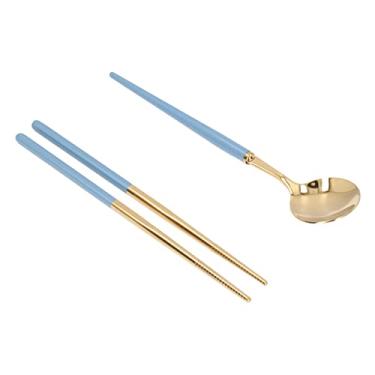 Imagem de GLOGLOW Conjunto de Talheres de Aço Inoxidável Com Caixa de Armazenamento de Viagem, Utensílios Reutilizáveis, Pauzinhos de Colher de Garfo, 19 Cm, Leve para Talheres de Acampamento (Ouro Azul)