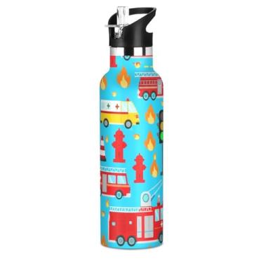 Imagem de Joisal Garrafas de água azuis de caminhão de bombeiros com tampa de palha, garrafa de água de aço inoxidável isolada para adolescentes meninas 590 ml, copos de viagem a vácuo de parede dupla sem BPA