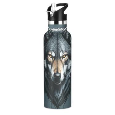 Imagem de Garrafas de água isoladas de aço inoxidável de 590 ml com tampa de canudo para bebidas frias ou quentes, cinza, preto, lobo frio, aquarela, à prova de vazamento, parede dupla, copos de viagem para