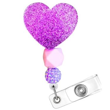 Imagem de Carretel de crachá de coração roxo fofo brilhante violeta lilás com clipe retrátil acessórios de consultório médico hospitalar escolar presente para professores, enfermeiros, assistentes médicos