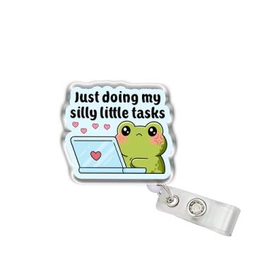 Imagem de OKOMCM Carretel retrátil para crachá Just Doing My Silly Little Tasks, sapo fofo tamanho 5 cm, clipe de cinto, cordão de crachá, acessórios de animais engraçados, presentes DIY para colegas de