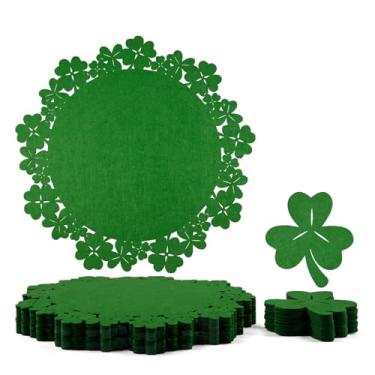 Imagem de Noctiflorous Jogo americano de feltro redondo de trevo de São Patrício com porta-copos conjunto de 12 tapetes para decoração de mesa, duráveis, resistentes ao calor, antiderrapantes, laváveis, tapetes