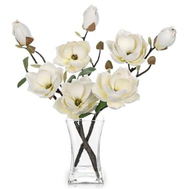 Imagem de Briful Arranjo de flores de magnólia artificial com vaso de vidro, flores de magnólia falsas brancas de 47 cm, peça central floral falsa para decoração elegante em casa, escritório, mesa, prateleira