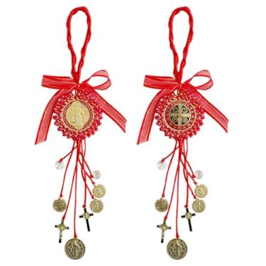 Imagem de Escapularios Catolicos, 2 peças, pingente de bênção de proteção com medalha dourada de São Bento, crucifixo de São Bento, joias católicas feitas à mão, presente de carro, decoração de casa (2