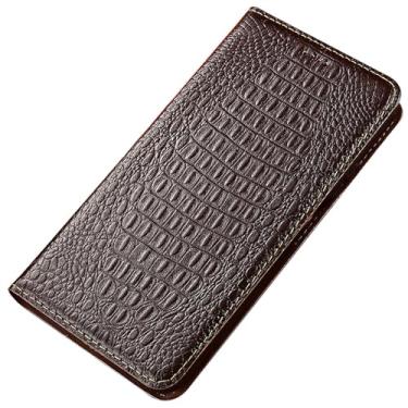 Imagem de FWYANZH Capa de couro genuíno para iPhone 16E, capa flip luxuosa textura de crocodilo carteira suporte para cartão capa de proteção de corpo inteiro, marrom, 16E