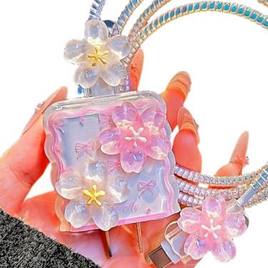 Imagem de Lindo protetor de carregador para iPhone, capa de carregador, flor 3D Sakura rosa floral laço padrão DIY protetor de cabo de telefone, linha de dados, capa USB para iPhone 15 16 17 Pro Max