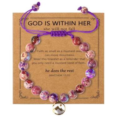 Imagem de Pulseira de semente de mostarda Purple Move Mountains, presentes cristãos para mulheres, pulseira de pedra feita à mão, inspiradora, religiosa, católica, cristã, Páscoa, Natal, aniversário, joia de