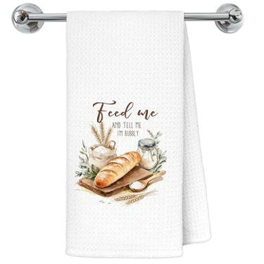 Imagem de Exqcom Toalhas de cozinha de pão engraçadas rústicas, presentes para máquina de pão, toalhas de chá para decoração de cozinha e padaria, Feed Me and Tell Me I'm Bubbly Baking Toalha de mão decorativa