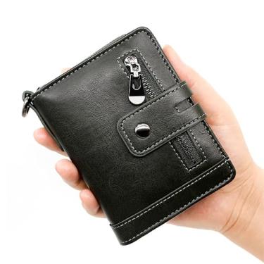 Imagem de Carteira masculina com zíper, carteira retrô dobrável multifuncional de couro sintético com bolso para moedas, porta-cartão de crédito, 7 compartimentos para cartão, grande capacidade, Verde, Retrô