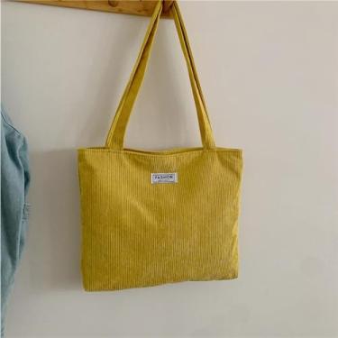 Imagem de Bolsa feminina de veludo cotelê, bolsa de ombro casual com zíper grande capacidade (amarela)