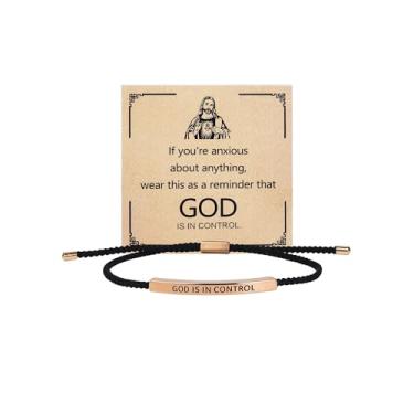 Imagem de COLORFUL BLING Pulseira de tubo God is in Control para mulheres e homens, pulseira trançada ajustável de aço inoxidável, feita à mão, inspiradora, fé cristã, joia religiosa, presente de aniversário de