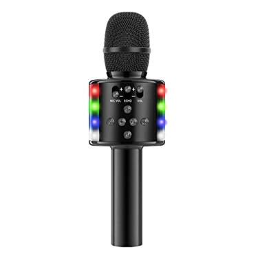 Imagem de Microfone sem fio para gravação de canto Microfones BT portáteis com luzes LED karaokê Player KTV doméstico festa em casa Suporta selfie e respostas c