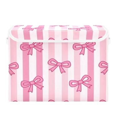 Imagem de Wassud Cestos de armazenamento dobráveis com tampas, laços, listras, cestas organizadoras de tecido dobráveis para armário, decoração sazonal de casa 40 x 30 x 30 cm