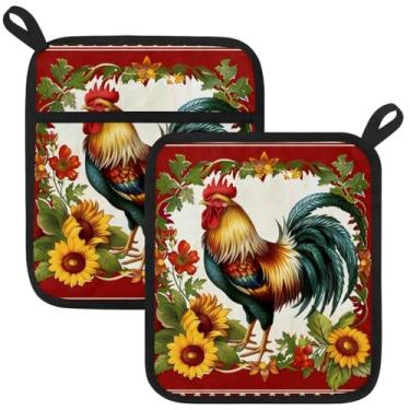 Imagem de Porta-panelas de girassóis de galo para cozinha, 2 peças, almofadas quentes resistentes ao calor para bancadas, suportes de panela de forno de algodão para cozinha, cozinhar, assar