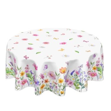 Imagem de ABSOP Toalha de mesa floral rosa redonda 178 cm primavera amarela e rosa flores silvestres toalha de mesa para uso ao ar livre, casa de fazenda, toalha de mesa com flores borboletas, para cozinha