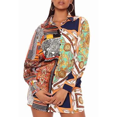 Imagem de Vestidos femininos de botão, blusas coloridas, manga comprida, estampa floral, gola solta, camisetas sensuais, Verde10785-1, M