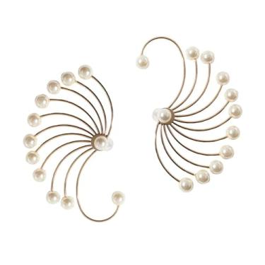 Imagem de E EMZHOLE Brincos de pérola para mulheres, banhados a ouro 18 k, brincos de pérola setorial, leves, grossos, abertos, punhos, modernos, brincos de ouro