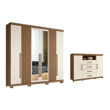 Imagem de Guarda Roupa com Cômoda Casal Kit 2 Peças Qc348 6 Portas de Bater 4 Gavetas Mdf com Esp...