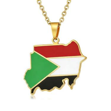 Imagem de Fusamk Colar feminino com bandeira sudanesa banhado a ouro em aço inoxidável com pingente de mapa do Sudão com corrente O de 50 cm, Metal, Sem Pedra Preciosa