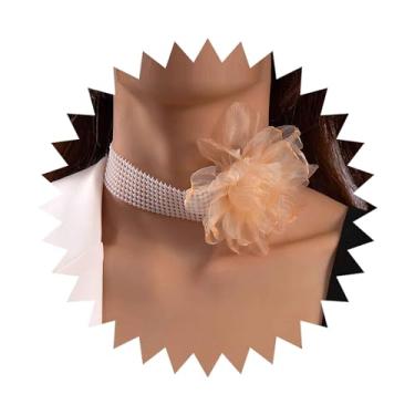 Imagem de Vacaonio Colar gargantilha vintage com flor exagerada e pérola, colar de flor grande, colar de flor de damasco, colar de camélia grande, colares de flores de organza joias para mulheres (damasco A),