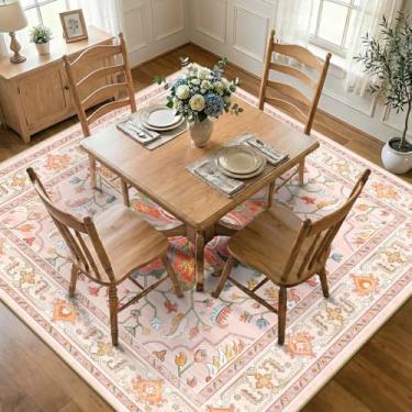 Imagem de RELEANY Tapetes de área quadrados 2,1 m, lavável, antiderrapante, estampa floral, vintage, tapete medalhão para sala de estar, quarto, sala de jantar, rosa claro, colorido