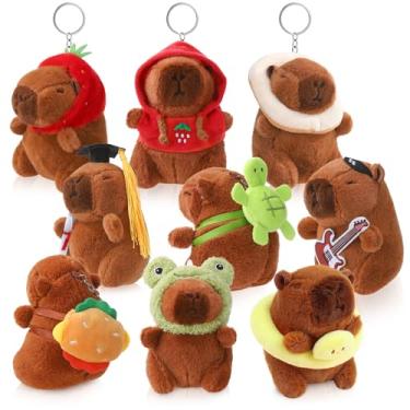 Imagem de Guiqulai Conjunto de chaveiros de pelúcia capivara de 9 peças, chaveiros de animais fofos com chapéu de morango e tartaruga, roupas de pão para mochila, presentes clássicos