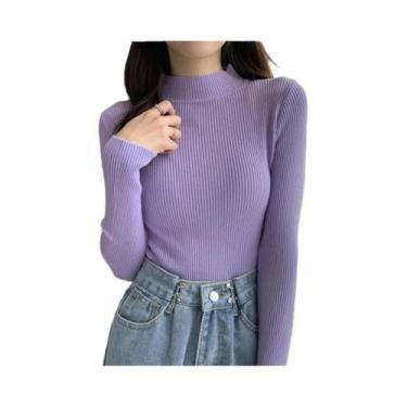 Imagem de Suéter Feminino De Gola Alta Em Malha Macia, Ajuste Slim, Cor Sólida, 