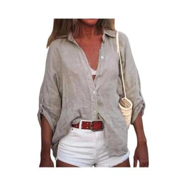 Imagem de Camisa Casual Solta De Verão Em Algodão E Linho Com Decote Em V E Mang