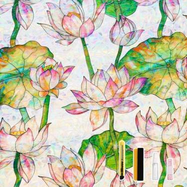 Imagem de Donox Película de privacidade para janela, adesivo estático, matiz de vitral decorativo, padrão de lótus com efeito arco-íris para casa e escritório, bloqueio de UV, sem cola removível, 44,5 x 399,8