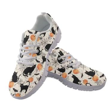 Imagem de GIFTPUZZ Tênis esportivo feminino para caminhada, tênis de corrida, cano baixo, antiderrapante, cadarço, tamanho 34 a 44, Gato preto abóbora, 36