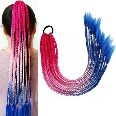 Imagem de Extensões de cabelo coloridas para crianças, extensão de rabo de cavalo trançado, acessórios de dia de cabelo louco para meninas, perucas trançadas coloridas com elásticos sintéticos (vermelho, branco