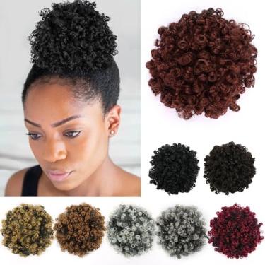 Imagem de YISIKUNNUO Extensão de cabelo cacheado ondulado afro puff cordão rabo de cavalo para mulheres negras solto ondulado mini afro puff postiços para meninas crianças (33#)