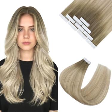 Imagem de Ve Sunny Extensões de cabelo humano com fita adesiva em extensões de cabelo humano loiro balayage fita em fita de 45,7 cm extensões de cabelo humano real sem costura 10 peças 25G