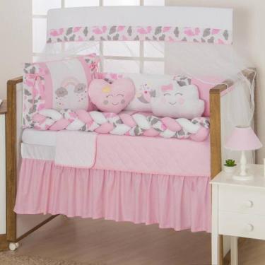 Imagem de Kit Berço 11 Peças Estampado Arco Íris e Passarinho Rosa - Beatriz Bab