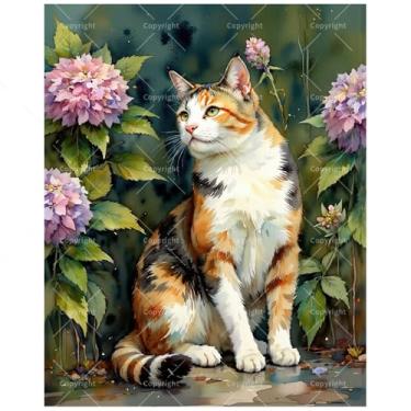 Imagem de Kit de pintura animal por números para adultos - Gato chita DIY com pintura de flores rosa em tela, conjunto de tinta acrílica, adequado para iniciantes, arte para decoração de casa ou presentes