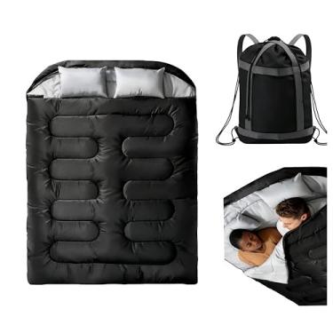 Imagem de Saco de dormir duplo para 2 adultos, conversível para 2 sacos individuais, saco de acampamento impermeável 3 em 1 com travesseiros, lavável na máquina, 3 kg, leve, 159 x 203 centímetros (cinza escuro)