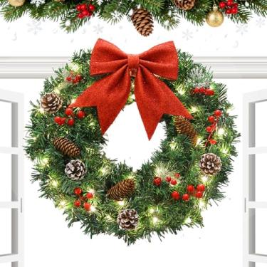 Imagem de Guirlanda de Natal artificial - laço vermelho artificial | Guirlanda de Natal de inverno com laço de frutas vermelhas - para decoração de casa, janela, parede, jardim, sala de estar, escritório, festa