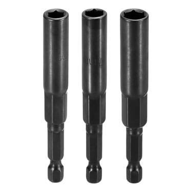 Imagem de HARFINGTON 3 peças de broca de chave de porca 6 + 7 + 8 mm soquete métrico 1/10.2 cm haste sextavada 3,15" (80 mm) soquetes extralongos de 6 pontos de troca rápida Cr-V conjuntos de parafusos de aço