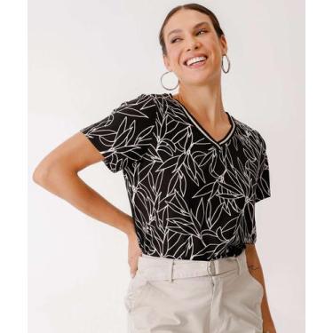 Imagem de Blusa Feminina Estampa Folhas Manga Curta Marisa-81011, PP, Preto