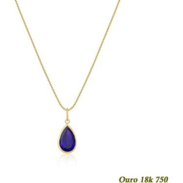 Imagem de Colar Feminino em ouro 18K 750 40cm + Pingente Ponto de Luz Gota Azul 
