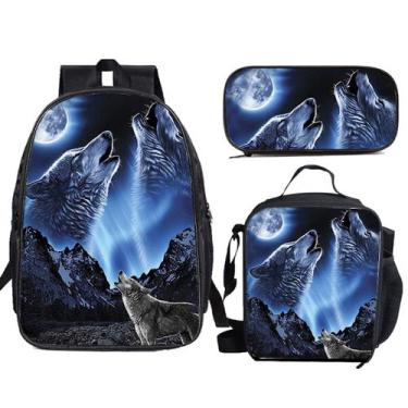 Imagem de Conjunto de mochilas escolares Night Wolf de 3 peças para crianças - Y