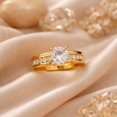 Imagem de Anel Solitário Aço Inox Zircônia Cravejada Dourado Noivado