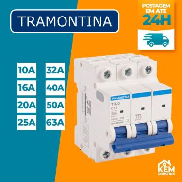 Imagem de Disjuntor Tripolar Curva C 50A 6 Ka 110-220V para Proteção de Circuitos Residenciais Comerciais Industriais Tramontina
