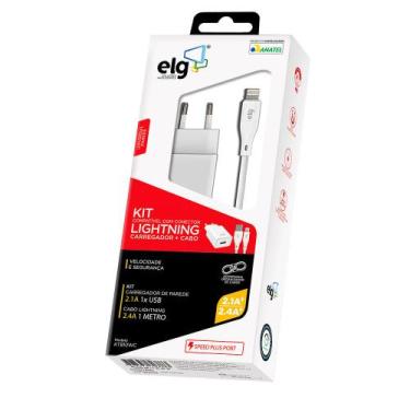 Imagem de Carregador de Parede 2.1A e Cabo 2.4A Lightning ELG Branco 1 Metro, Br