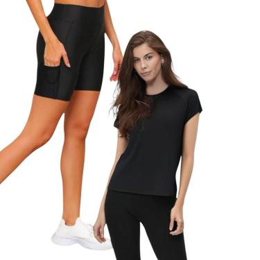 Imagem de Kit Conjunto Camiseta Blusinha DRY + Short Leg Legging COM BOLSOS Corrida Academia Fitn...