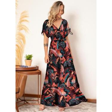 Imagem de Vestido Feminino Longo Tropical Com Amarrações Decote V - Quintess, P,